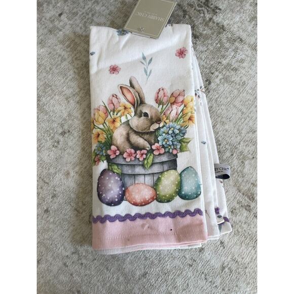 Shabby Chic Set Of 2 Easter Spring Floral Kitchen Towels Bunnies Eggs Cotton NWT - Picture 1 of 4
